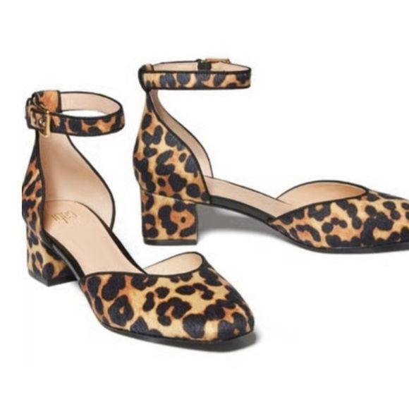CAbi Shoes Cabi Leopard Kitten Block Heel Ankle Strap Pumps Faux Fur Brown Womens 8 New